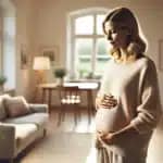 Nachdenkliche Leihmutter in Deutschland steht mit Händen auf dem Bauch und reflektiert über Leihmutterschaft Deutschland Rechtslage