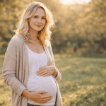 Schwanger mit 35 Frau hält ihren Babybauch im Freien bei Sonnenlicht und zeigt späte Schwangerschaft