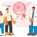 Gesundheitscheck für Männer Illustration zeigt Arztberatung zur männlichen Fruchtbarkeit mit Spermien und Eizelle