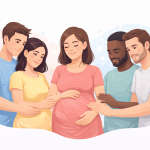 Leihmutter werden Illustration einer schwangeren Frau umgeben von Eltern in einem gemeinsamen Elternschaftsprojekt
