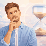 Mann in den Dreißigern denkt nachdenklich über männliche Fruchtbarkeit Alter mit Sanduhr im Hintergrund symbolisierend biologische Uhr