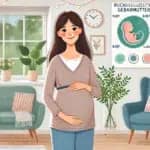 Eine schwangere Frau mit einem sanften Lächeln auf ihrem Gesicht, die in einem gemütlichen Zuhause steht und ihren Babybauch hält