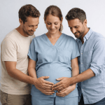 Leihmutterschaft mit schwangerer Frau und zwei Männern, die gemeinsam den Babybauch berühren