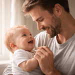 Vater Baby Bindung liebevoller Vater hält und lächelt mit seinem Baby