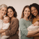 Zwei lesbische Paare verschiedener Ethnien halten lächelnd je ein Baby im Arm, zum Thema Regenbogenfamilie gründen