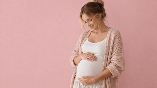 Mama werden schwangere Frau hält liebevoll ihren Babybauch vor rosa Hintergrund