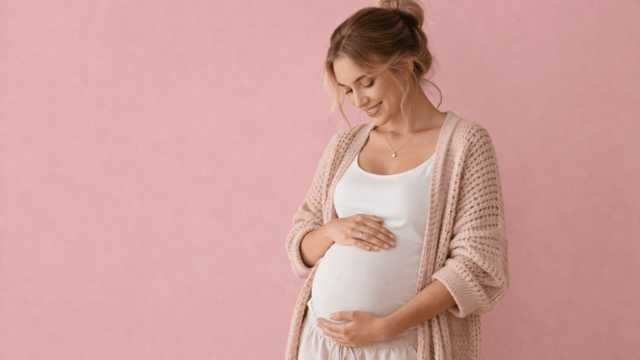 Mama werden schwangere Frau hält liebevoll ihren Babybauch vor rosa Hintergrund