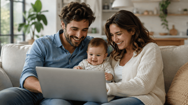 Co-Parenting Plattformen genutzt von Eltern mit Baby am Laptop