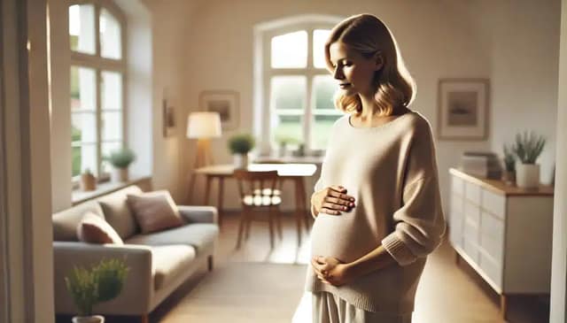 Nachdenkliche Leihmutter in Deutschland steht mit Händen auf dem Bauch und reflektiert über Leihmutterschaft Deutschland Rechtslage