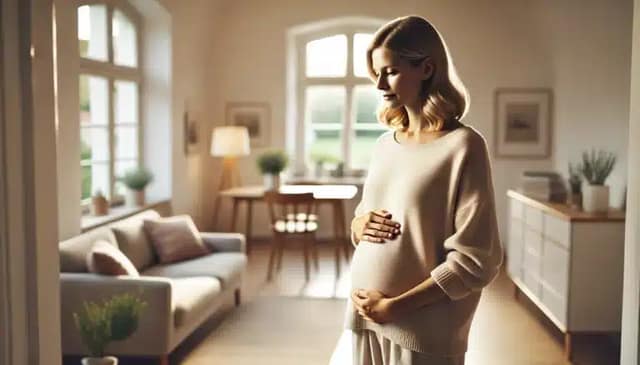 Nachdenkliche Leihmutter in Deutschland steht mit Händen auf dem Bauch und reflektiert über Leihmutterschaft Deutschland Rechtslage