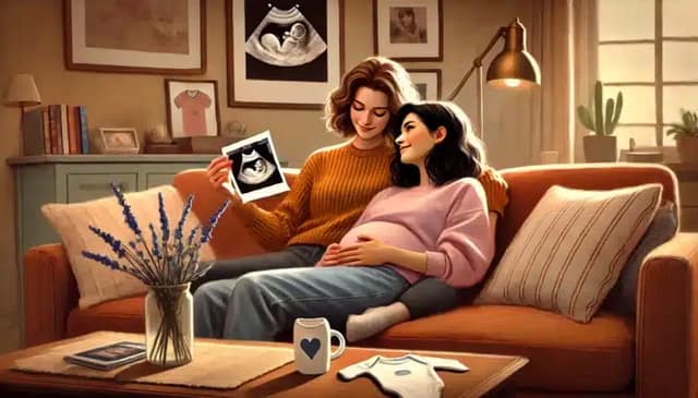 Ein lesbisches Paar sitzt zusammen auf einer gemütlichen Couch und betrachtet verliebt ein Ultraschallbild