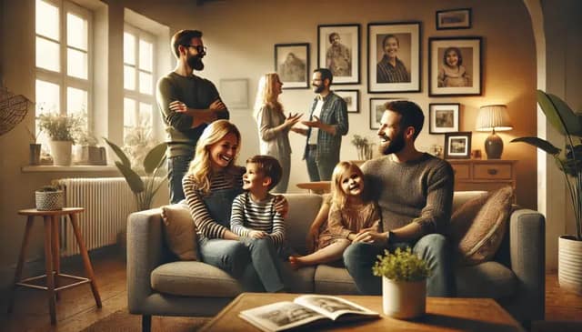 Eine deutsche häusliche Umgebung, die zeigt, wie eine alleinerziehende Mutter ihren Kindern ihren neuen Partner vorstellt