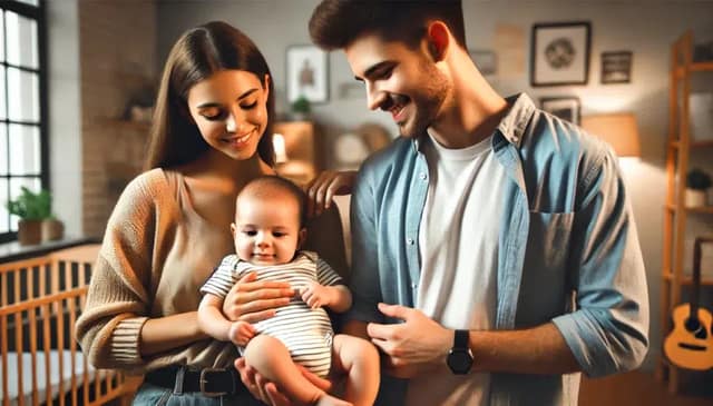 Eine Szene, in der ein Mann und eine Frau gemeinsam ihr Baby erziehen. Die beiden Erwachsenen, leger gekleidet, stehen nebeneinander und halten ihr Baby sanft im Arm