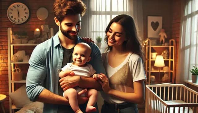 Eine Szene, in der ein Mann und eine Frau gemeinsam ihr Baby großziehen. Das Paar steht zusammen und hält sein Baby sanft in den Armen