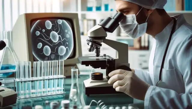 Abbildung eines Mikroskops mit einem Objektträger, der menschliche Spermienzellen zeigt, einem Labortechniker, der die Probe analysiert, und medizinischem Gerät im Hintergrund.