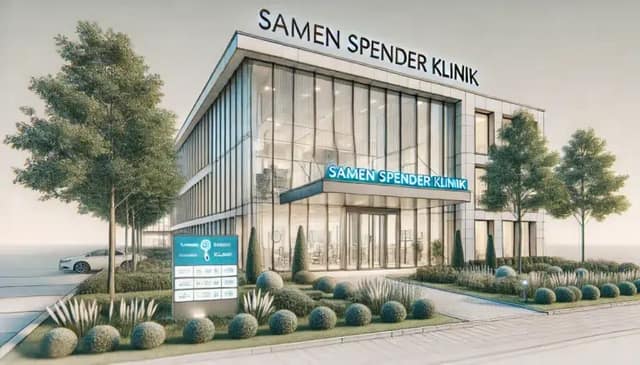 Moderne Klinikgebäude Außenansicht mit Glasfassade und Schild zeigt professionelle Samenspender Klinik für Fertilitätsbehandlung