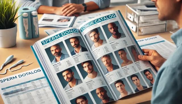 Aufgeschlagener Samenspenderkatalog auf einem Tisch mit Fotos und Profilen von Samenspendern