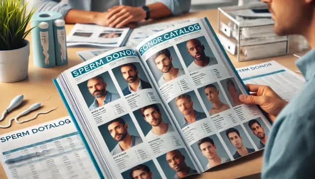 Aufgeschlagener Samenspenderkatalog auf einem Tisch mit Fotos und Profilen von Samenspendern