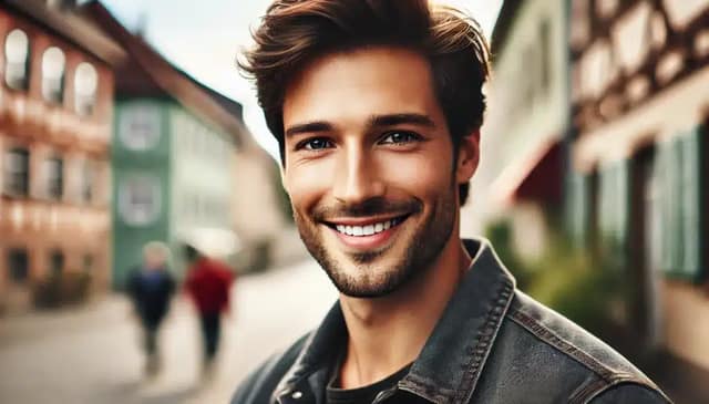 Foto eines jungen, gutaussehenden deutschen Mannes mit einem warmen und echten Lächeln
