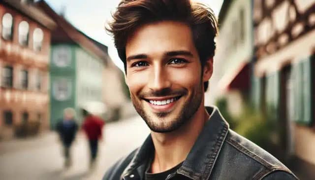 Foto eines jungen, gutaussehenden deutschen Mannes mit einem warmen und echten Lächeln