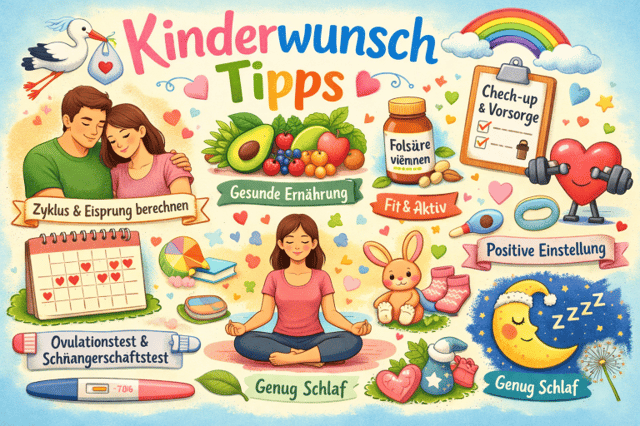 Kinderwunsch Tipps Infografik mit Ernährung, Zyklusberechnung, Vitaminen, Schlaf und gesunder Lebensweise