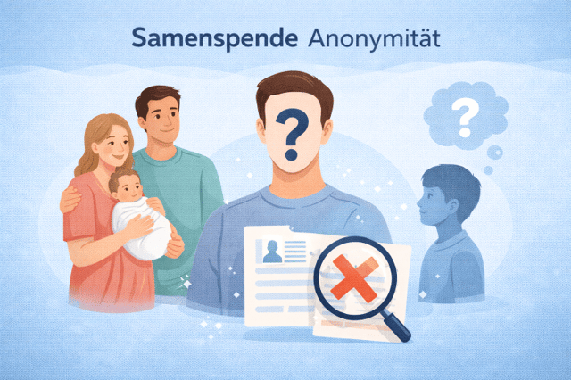 Samenspende Anonymität Illustration zeigt anonymen Samenspender, Familie mit Baby und Kind mit Fragen zur Herkunft
