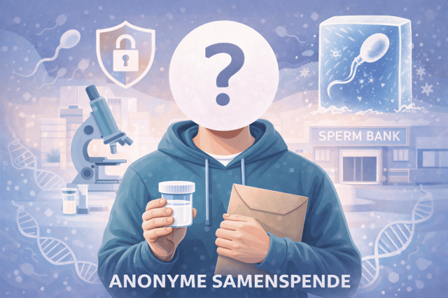 Anonyme Samenspende Illustration zeigt anonymen Spender mit Probe vor Samenbank und medizinischem Hintergrund
