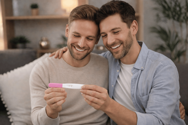 Zwei Väter halten positiven Schwangerschaftstest und freuen sich über Familienzuwachs