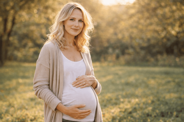 Schwanger mit 35 Frau hält ihren Babybauch im Freien bei Sonnenlicht und zeigt späte Schwangerschaft