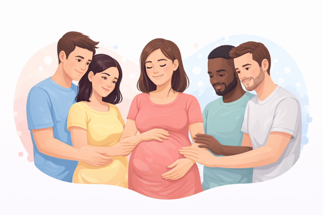 Leihmutter werden Illustration einer schwangeren Frau umgeben von Eltern in einem gemeinsamen Elternschaftsprojekt