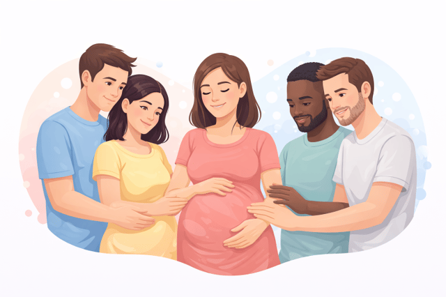 Leihmutter werden Illustration einer schwangeren Frau umgeben von Eltern in einem gemeinsamen Elternschaftsprojekt