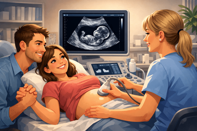 Ultraschall Schwangerschaft Paar sieht Baby beim Ultraschalltermin mit Ärztin in der Klinik