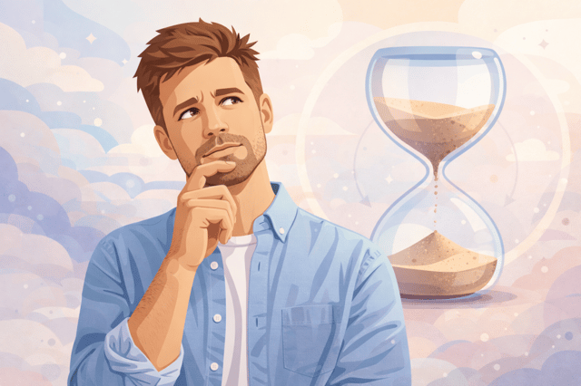 Mann in den Dreißigern denkt nachdenklich über männliche Fruchtbarkeit Alter mit Sanduhr im Hintergrund symbolisierend biologische Uhr
