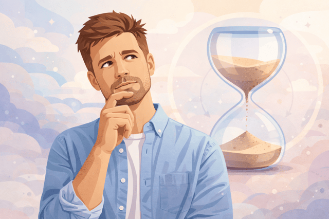Mann in den Dreißigern denkt nachdenklich über männliche Fruchtbarkeit Alter mit Sanduhr im Hintergrund symbolisierend biologische Uhr