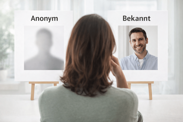 Frau wählt zwischen anonymer oder bekannter Samenspender durch Vergleich von anonymem und identifizierbarem Spenderprofil