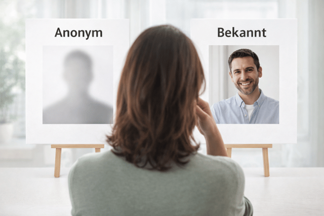Frau wählt zwischen anonymer oder bekannter Samenspender durch Vergleich von anonymem und identifizierbarem Spenderprofil
