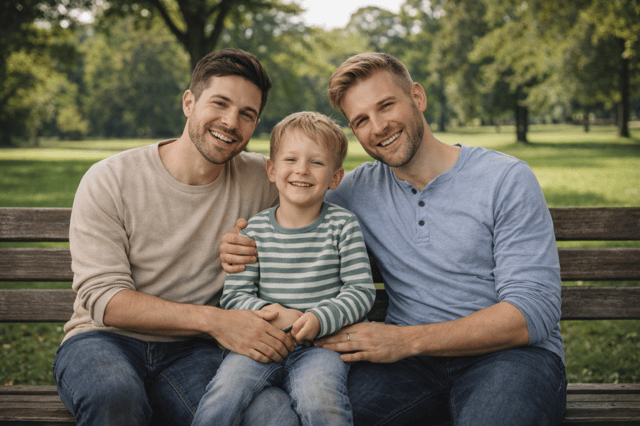 Zwei Männer sitzen lächelnd mit einem Kind auf einer Parkbank, illustriert Co Parenting als schwules Paar