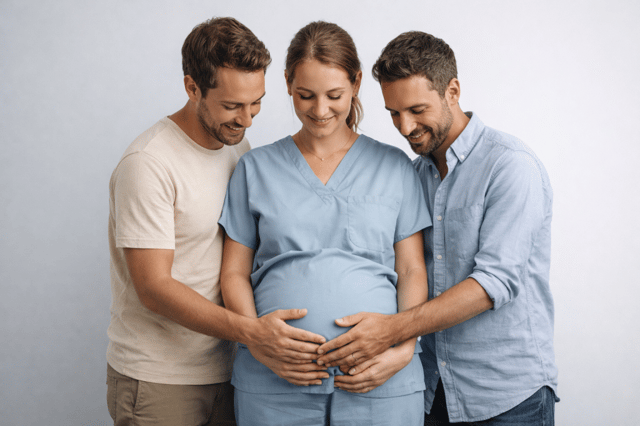 Leihmutterschaft mit schwangerer Frau und zwei Männern, die gemeinsam den Babybauch berühren