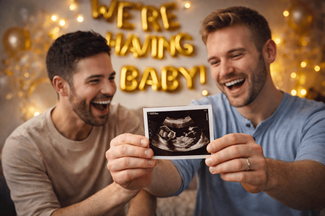 Zwei Männer lachen und halten begeistert ein Ultraschallbild in den Händen, um ihre Schwangerschaft zu verkünden