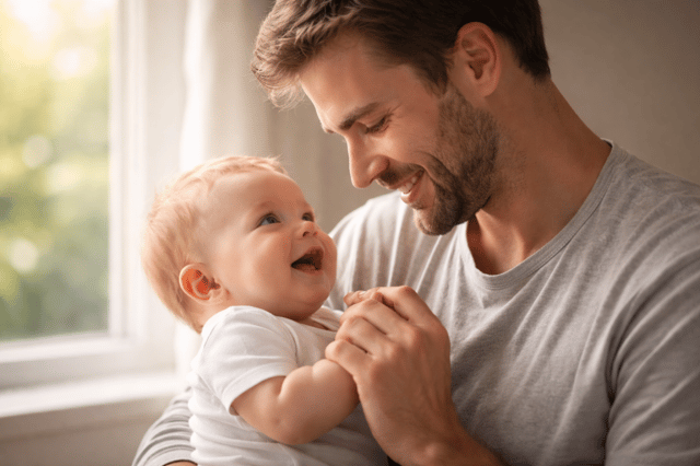 Vater Baby Bindung liebevoller Vater hält und lächelt mit seinem Baby