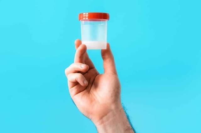 Männliche Hand hält Plastikbecher mit Sperma für Befruchtung zu Hause