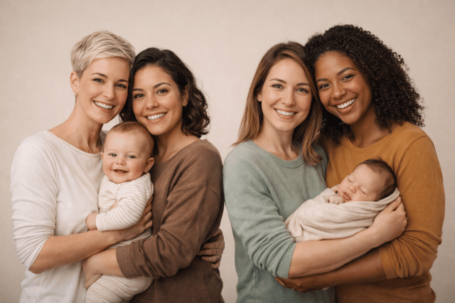 Zwei lesbische Paare verschiedener Ethnien halten lächelnd je ein Baby im Arm, zum Thema Regenbogenfamilie gründen