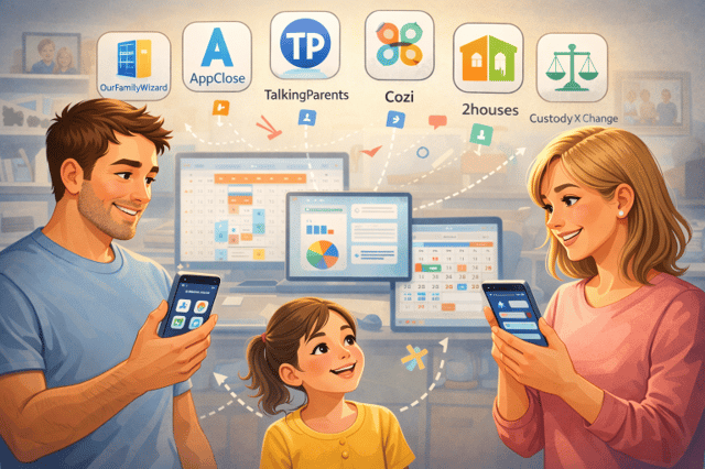 Co Parenting Apps Illustration mit getrennten Eltern, die Smartphone-Apps zur Organisation von Sorgerecht, Kommunikation und Kalender nutzen