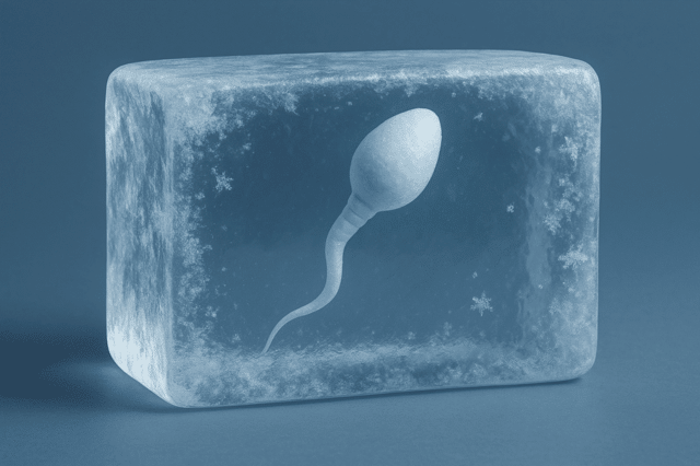 Eine in einem Eiswürfel eingeschlossene Samenzelle, die gefrorenes Sperma darstellt