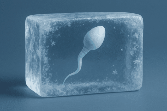 Eine in einem Eiswürfel eingeschlossene Samenzelle, die gefrorenes Sperma darstellt