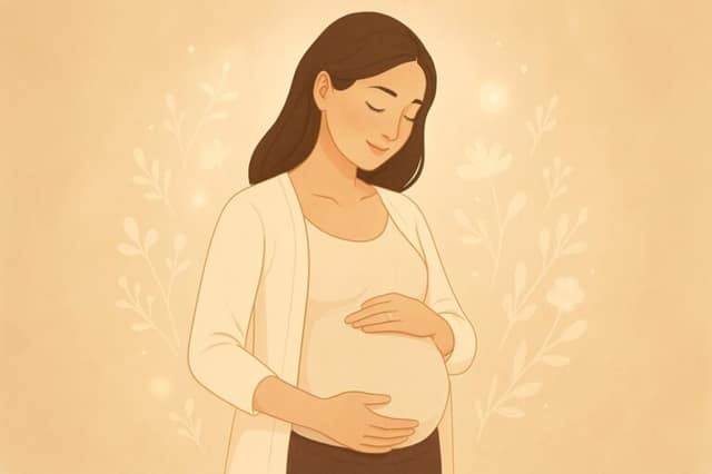 Frau legt liebevoll ihre Hände auf leicht gerundeten Bauch nach erfolgreichen schwanger werden Tipps und Befruchtung