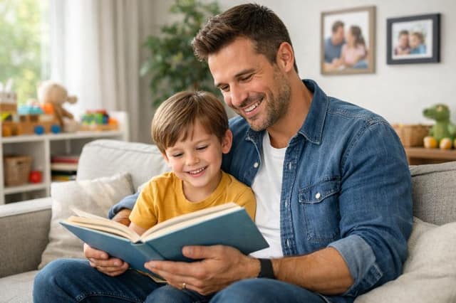 Ein Vater liest seinem Kind in einem hellen Wohnzimmer ein Buch vor, beide lächeln und zeigen eine enge Verbindung