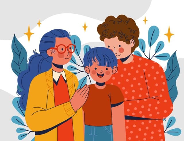 Handgezeichnete Illustration zeigt Co-Elternschaft Vorteile mit gemeinsamer Kinderbetreuung und Familienplanung auf weißem Hintergrund