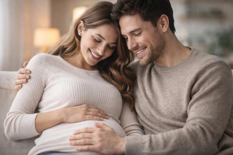 Eltern werden Paar erwartet ein Baby und berührt liebevoll den Babybauch