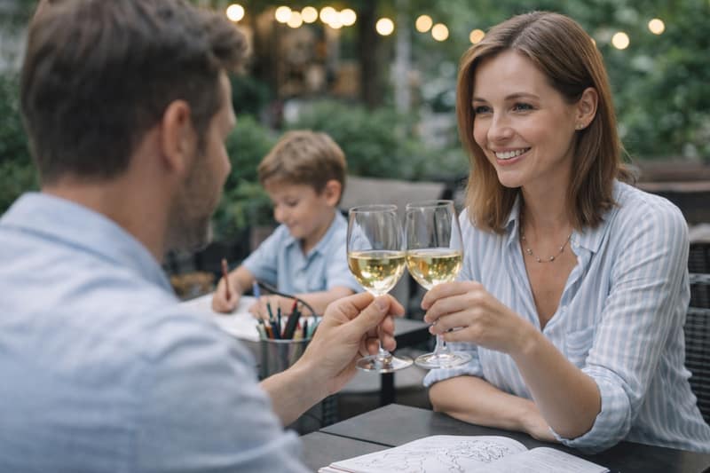 Alleinerziehend Dating Frau trifft Mann im Restaurant während ihr Kind im Hintergrund spielt